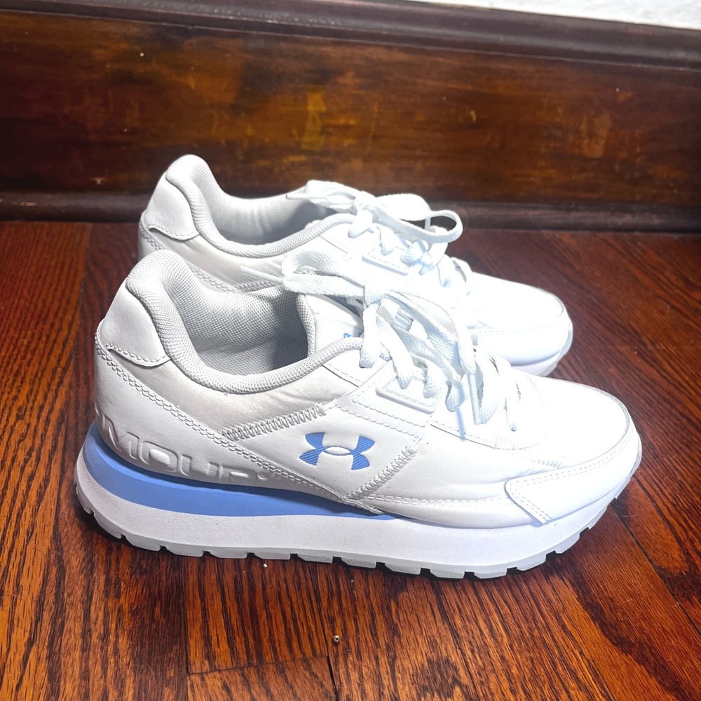 Under Armour Essential Heritage Womens White Blue Sneakers Platform Size 6 Clean